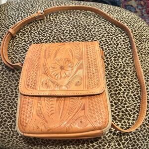 Tooled Leather Crossbody Shoulder Bag Purse Tan
